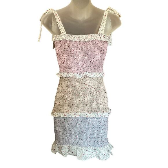 Storia Mini Dress Size Floral Colorblock Blue Pink Tan Square Neck Ruffled Hem S - Picture 2 of 7